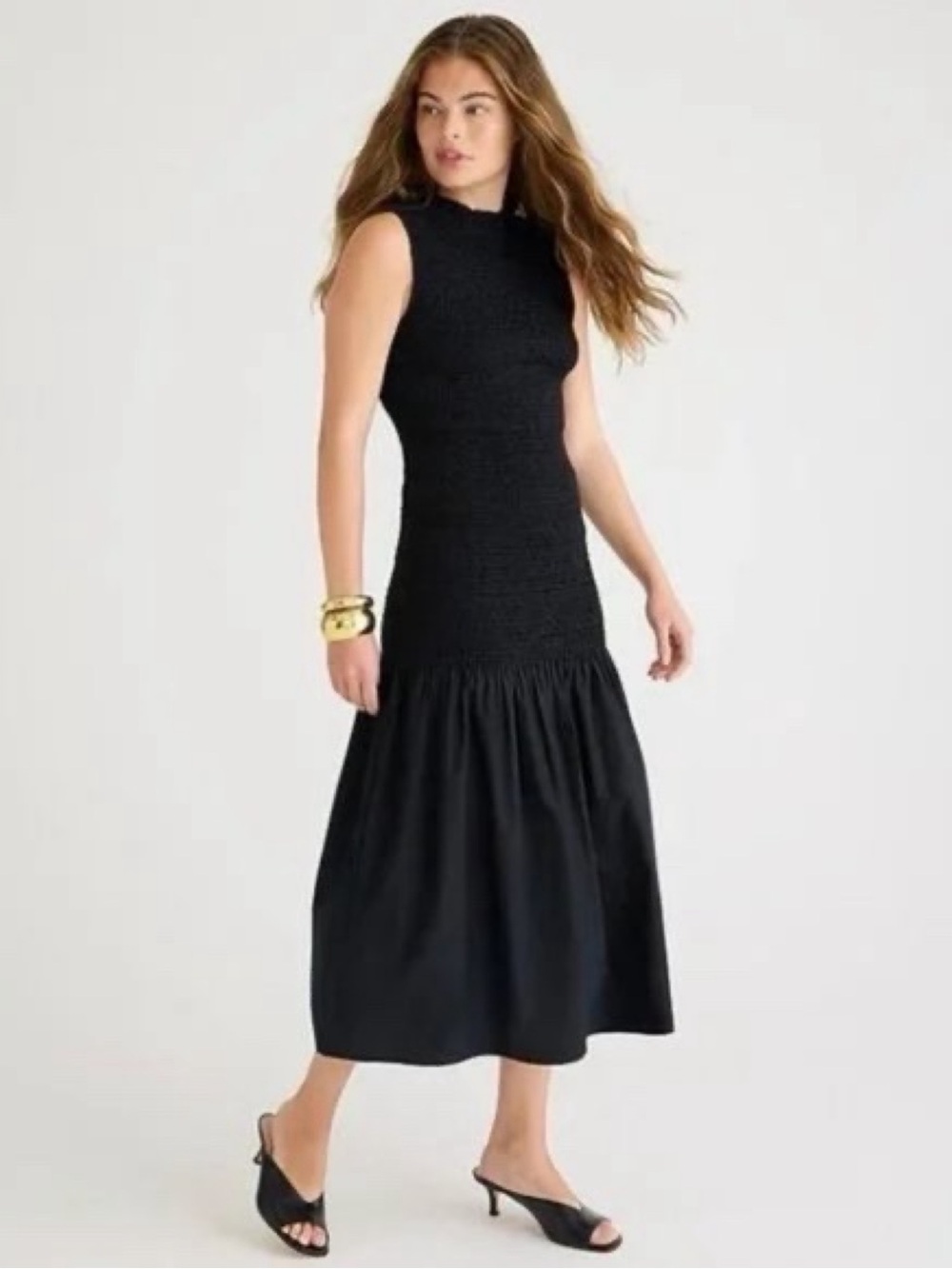 J. Crew Smocked Drop-Waist Dress Black Cotton Poplin BS803 size XXS